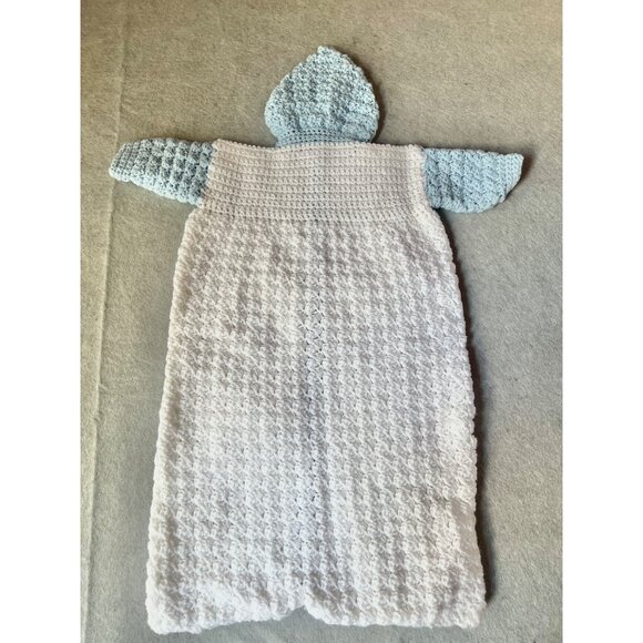 Hand Crocheted Bunting Blue & White Duck Buttons Hooded 23”  New Unused - Picture 2 of 5